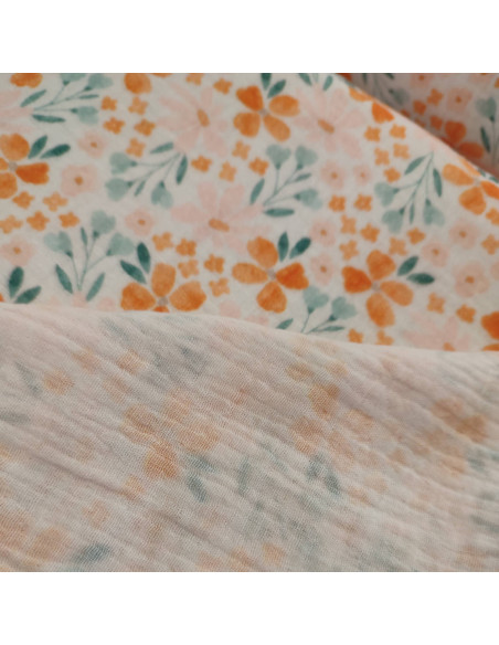 Zoom tissu double gaze fleurs oranges - tissus habillement été au mètre - vetements couturiere sur mesure