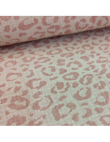 Tissu double gaze jacquard léopard rose et crème - tissus habillement été au mètre - vetements couturiere sur mesure