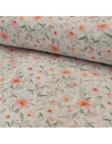 Zoom tissu double gaze fleurs roses - tissus habillement été au mètre - vetements couturiere sur mesure