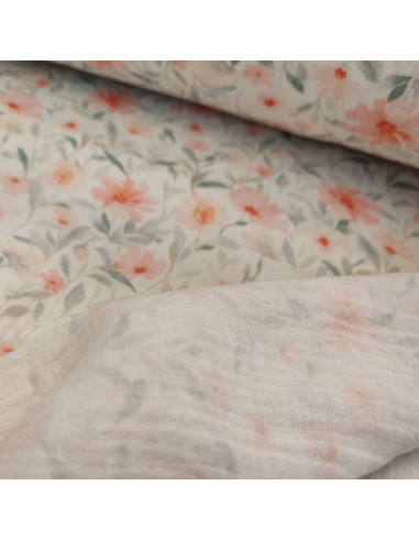 Zoom tissu coton double gaze fleur rose - tissus habillement été au mètre - vetements couturiere sur mesure