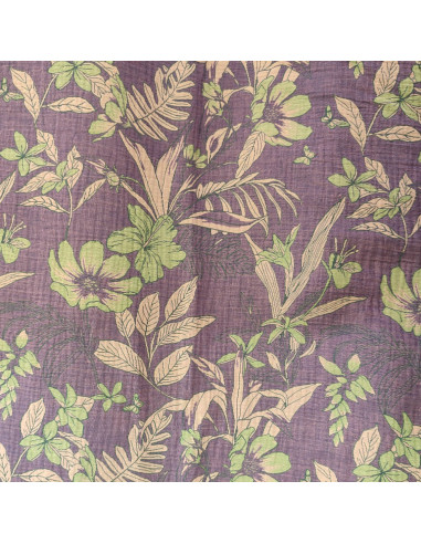 Tissu double gaze mousseline jacquard violet fleurs - tissus habillement été au mètre - vetements couturiere sur mesure