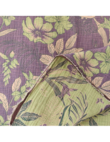 Zoom tissu violet double gaze mousseline jacquard fleur - tissus habillement été au mètre - vetements couturiere sur mesure