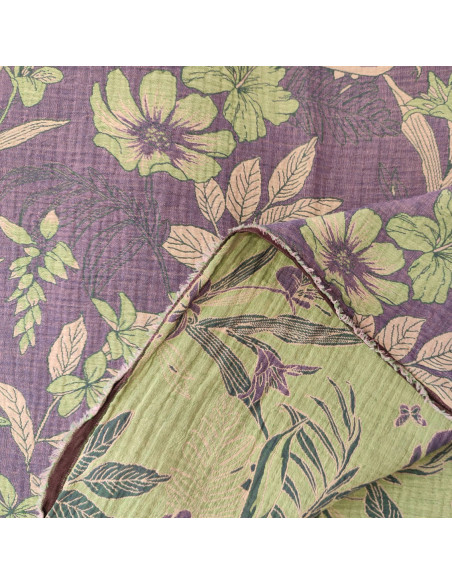 Zoom tissu violet double gaze mousseline jacquard fleur - tissus habillement été au mètre - vetements couturiere sur mesure