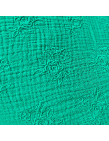 Tissu double gaze fleur brodée vert - tissus habillement été au mètre - vetements couturiere sur mesure