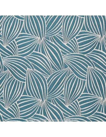 Tissu jacquard d'ameublement Collection Cacao Thévenon écru fond bleu canard - Docks Negresse Biarritz vente en ligne
