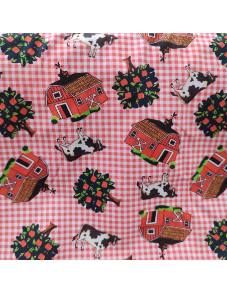 Tissu coton ameublement vichy rouge animaux de la ferme vaches pommiers - Tissus mercerie Biarritz