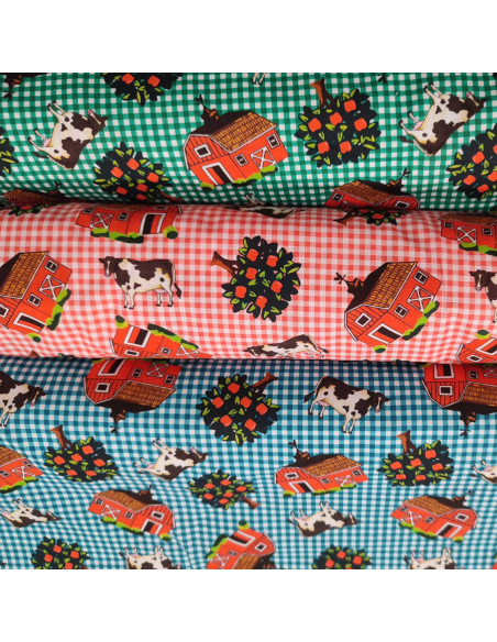 Tissu coton ameublement vichy  animaux de la ferme vaches pommier - Tissus au mètre mercerie Biarritz