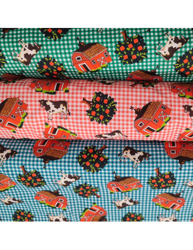 Tissu coton ameublement vichy  animaux de la ferme vache pommiers - Tissus au mètre mercerie Biarritz