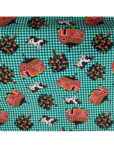 Tissu coton ameublement vichy vert animaux de la ferme vaches pommiers - Tissus mercerie Biarritz