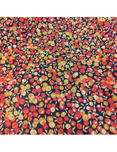 Tissu coton cretonne baies sauvages moutarde et rouge - Tissus Ameublement habillement au mètre