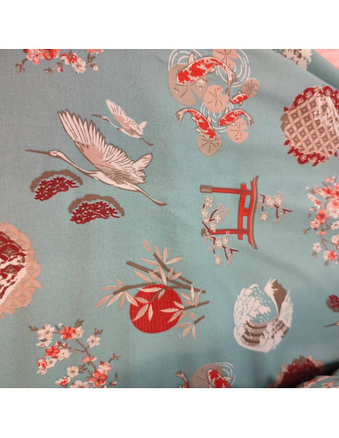 Tissu coton cretonne fleur de cerisier oiseau grue bleu japon - Tissus Ameublement habillement au mètre