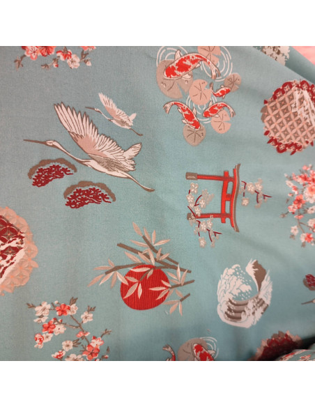 Tissu coton cretonne fleur de cerisier oiseau grue bleu japon - Tissus Ameublement habillement au mètre