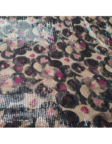 Tissu velours stretch polyester beige noir rose effet aquarelle sequins - tissus habillement au mètre mercerie Biarritz