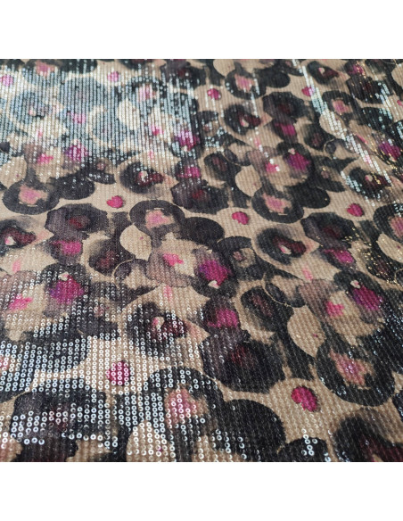 Tissu velours stretch polyester beige noir rose effet aquarelle sequins - tissus habillement au mètre mercerie Biarritz