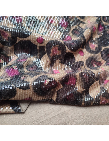 Tissu velours stretch sequins beige noir rose effet aquarelle  - tissus habillement au mètre Biarritz - vêtement sur mesure