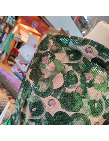 Tissu velours stretch sequins beige vert rose effet aquarelle  - tissus habillement au mètre Biarritz - vêtement sur mesure