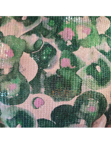 Tissu velours stretch de polyester beige vert rose effet aquarelle sequins - tissus habillement au mètre Biarritz