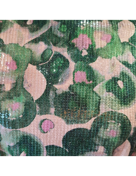 Tissu velours stretch de polyester beige vert rose effet aquarelle sequins - tissus habillement au mètre Biarritz