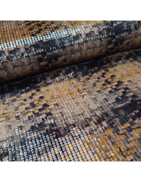 Tissu velours stretch sequins beige jaune noir effet tartan  - tissus habillement au mètre Biarritz - vêtement sur mesure