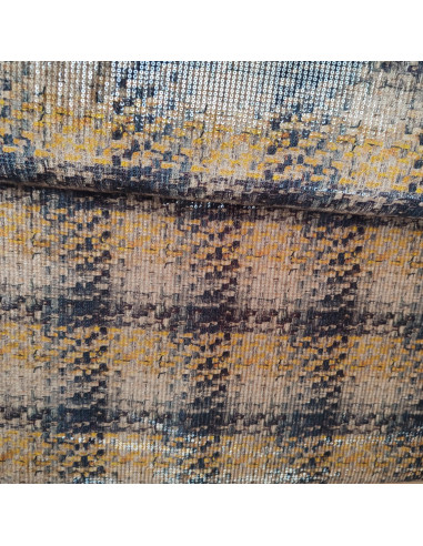 Tissu velours stretch de polyester beige noir jaune effet tartan sequins - tissus habillement au mètre Biarritz