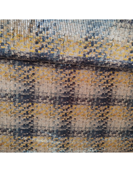 Tissu velours stretch de polyester beige noir jaune effet tartan sequins - tissus habillement au mètre Biarritz