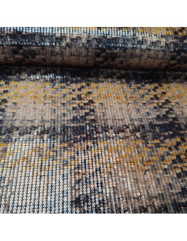 Tissu velours stretch sequins beige jaune noir effet tartan  - tissus habillement au mètre mercerie Biarritz
