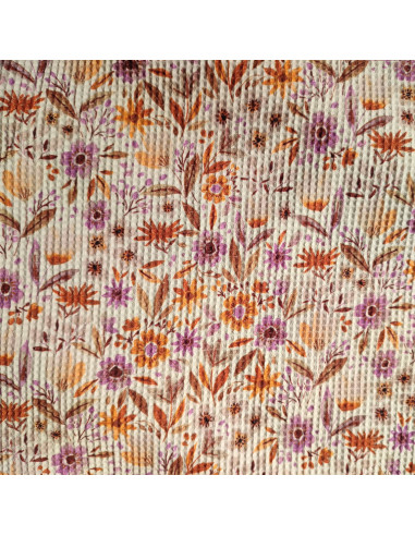 Tissu coton écru nid d'abeille fleuri orange mauve - tissus habillement été au mètre - vetements couturiere sur mesure