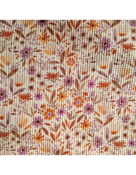 Tissu coton écru nid d'abeille fleuri orange mauve - tissus habillement été au mètre - vetements couturiere sur mesure