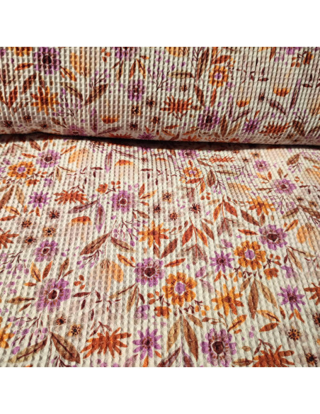 Zoom tissu coton nid abeille fleur orange - tissus habillement été au mètre - vetements couturiere sur mesure