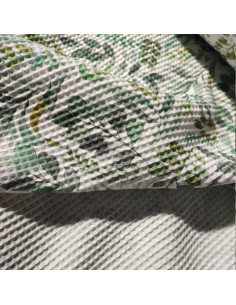 Tissu coton écru nid d'abeille feuilles vertes - tissus habillement été au mètre - vetements couturiere sur mesure 2