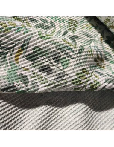 Zoom tissu coton nid abeille feuillage vert - tissus habillement été au mètre - vetements couturiere sur mesure