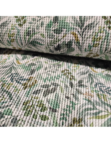 Zoom tissu nid abeille coton écru feuilles vertes  - tissus habillement été au mètre - vetements couturiere sur mesure