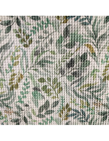 Tissu coton écru nid d'abeille feuilles vertes - tissus habillement été au mètre - vetements couturiere sur mesure