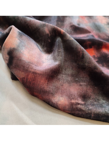 Tissu velours stretch effet tie and dye noir orange brillant - tissus habillement au mètre mercerie Biarritz