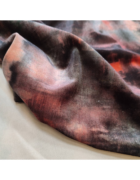 Tissu velours stretch effet tie and dye noir orange brillant - tissus habillement au mètre mercerie Biarritz