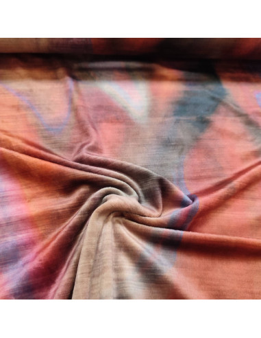 Tissu velours rose orangé stretch tie dye brillant - tissus habillement au mètre mercerie Biarritz