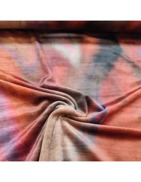 Tissu velours rose orangé stretch tie dye brillant - tissus habillement au mètre mercerie Biarritz