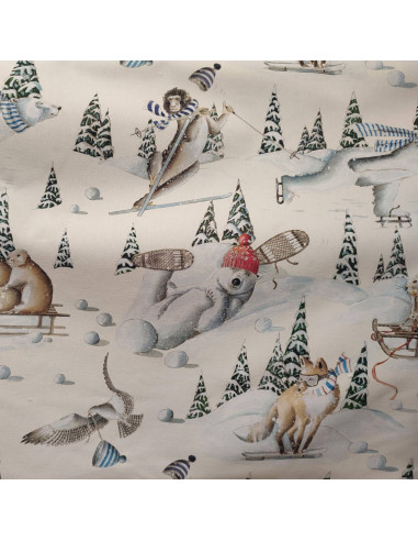 tissu toile coton TOUS AU SKI fond crème  laize 140 Thevenon - Tissus Ameublement au mètre pour chaise rideaux canapé fauteuil