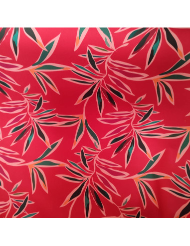 Toile coton framboise ETIENNE feuillage - Tissus Ameublement au mètre pour rideaux sur mesure coussins réfection accessoires