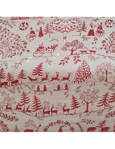 BELLEVUE Tissu toile de lin thème Noël fond crème Thévenon - tissus ameublement au mètre - coussin, rideaux, petit mobilier