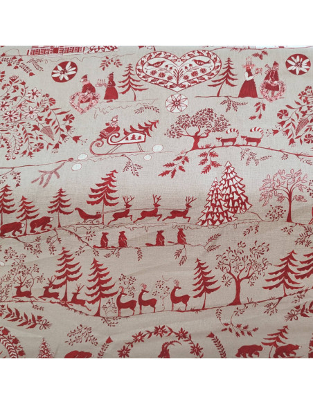 BELLEVUE Tissu toile de lin thème Noël fond crème Thévenon - tissus ameublement au mètre - coussin, rideaux, petit mobilier