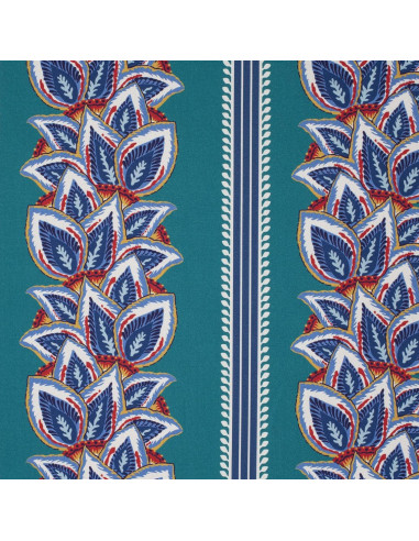 Toile coton CYRUS vert bleu style frise perse Thevenon - Tissu ameublement au mètre - réfection siège fauteuil canapé