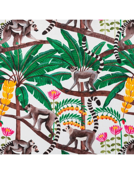 tissu toile coton LEMURIENS fond blanc  laize 140 Thevenon - Tissus Ameublement au mètre pour chaise rideaux canapé fauteuil