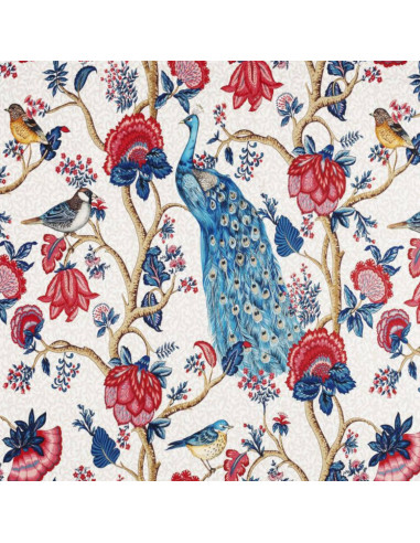 Tissu percale coton ALEXANDRA fond blanc grande laize 280cm paon Thevenon - tissus ameublement Biarritz - rideaux coussin sièges