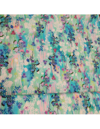 Tissu coton Patchwork bleu turquoise fleur feuillage impression digitale - vente tissu au mètre - tissus patch quilting