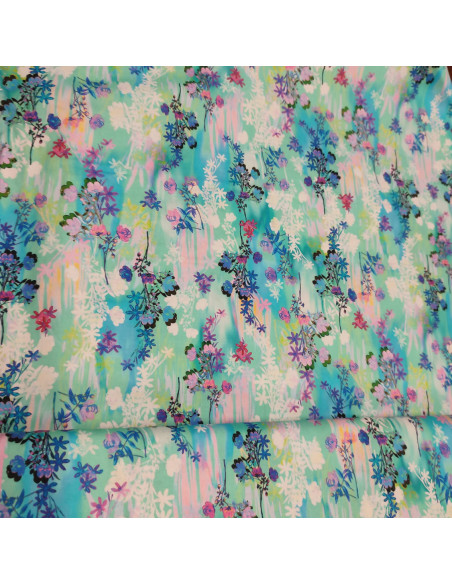 Tissu coton Patchwork bleu turquoise fleur feuillage impression digitale - vente tissu au mètre - tissus patch quilting