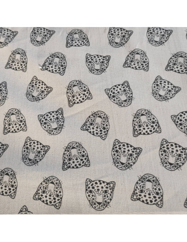 Tissu 100% coton effet lin motif tête de léopards - tissus ameublement au mètre- coussin rideaux linge de lit