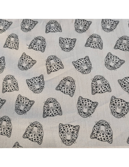 Tissu 100% coton effet lin motif tête de léopards - tissus ameublement au mètre- coussin rideaux linge de lit