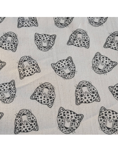 zoom Tissu 100% coton effet lin motif têtes de léopards - tissus ameublement au mètre- coussin rideaux linge de lit