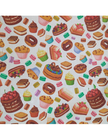Tissu coton aliment gourmandise macarons gâteaux donuts cupcake - Tissus Ameublement habillement mercerie